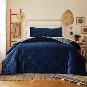 3-pc DENIM BLUE Wild Sage Velvet Floral Reversible FULL QUEEN Quilt Set NOT Navy